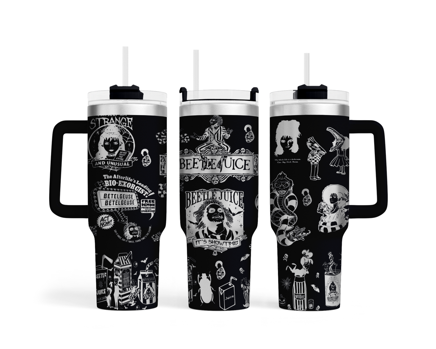 three travel mugs with different designs on them