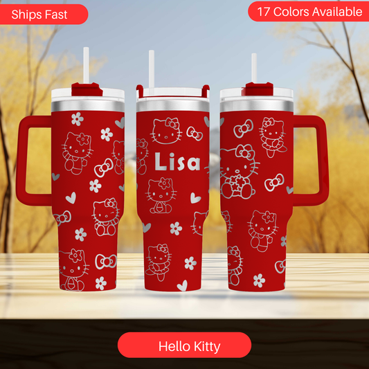 three red Hello Kitty tumblers with the name "Lisa" printed on them.