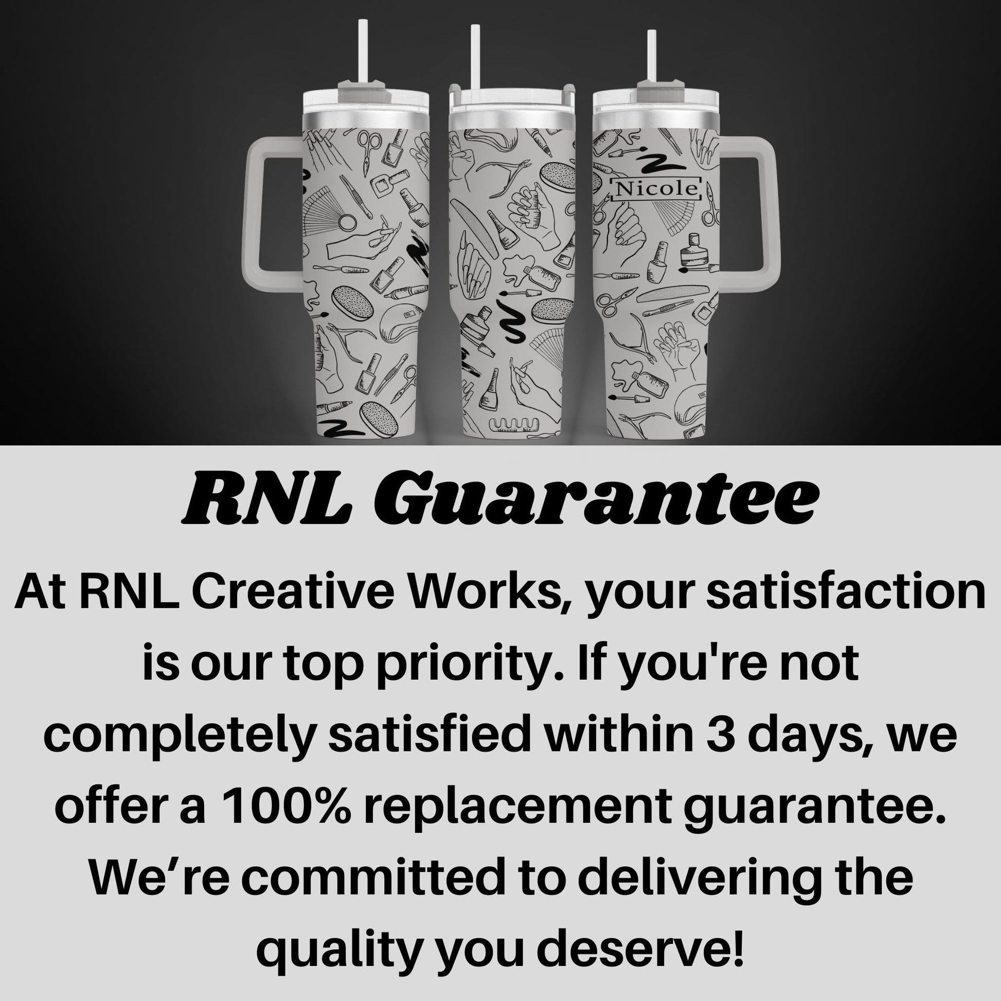 a black and white photo of two tumblers with the words rni guaran