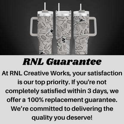 a black and white photo of two tumblers with the words rni guaran