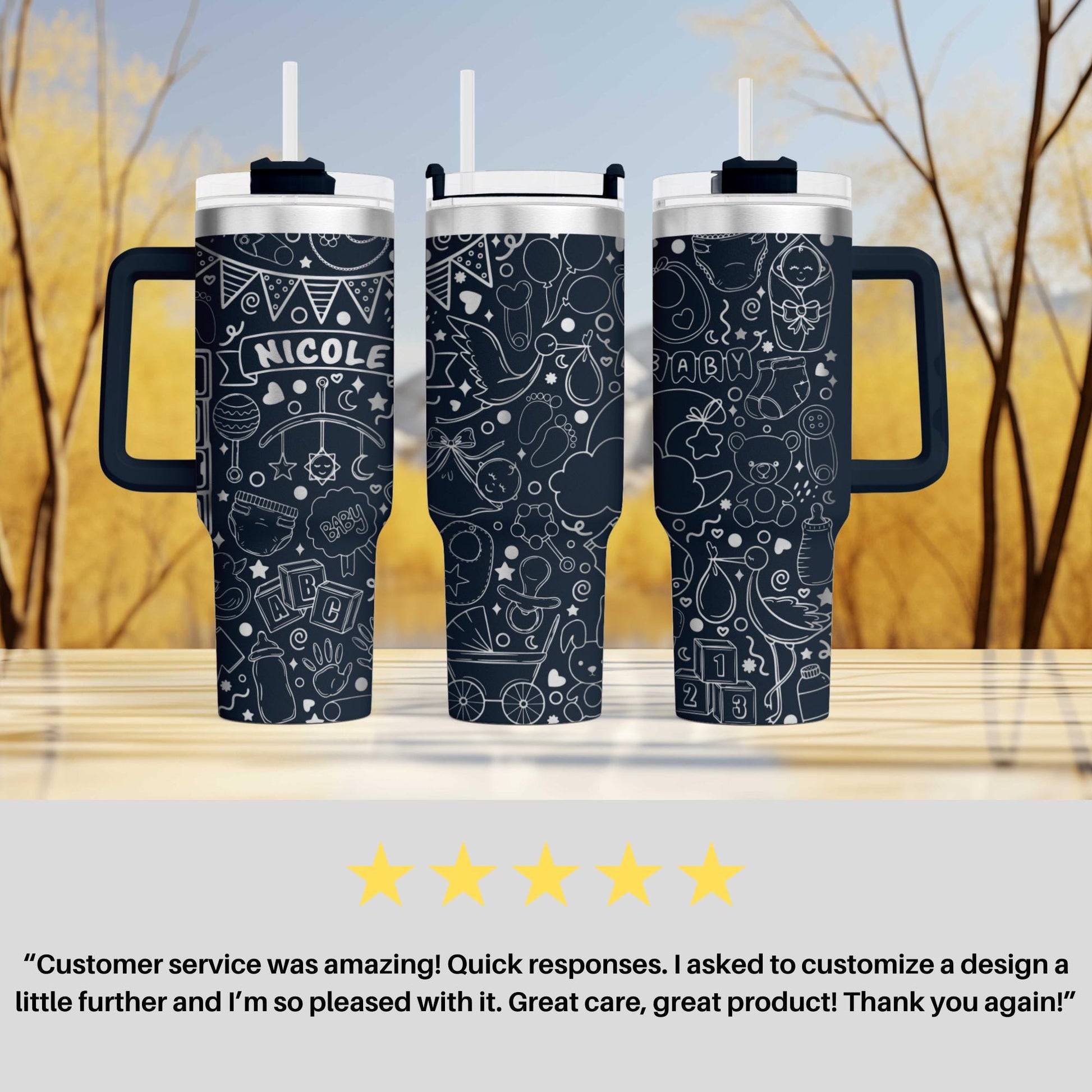 three travel mugs sitting on top of a table