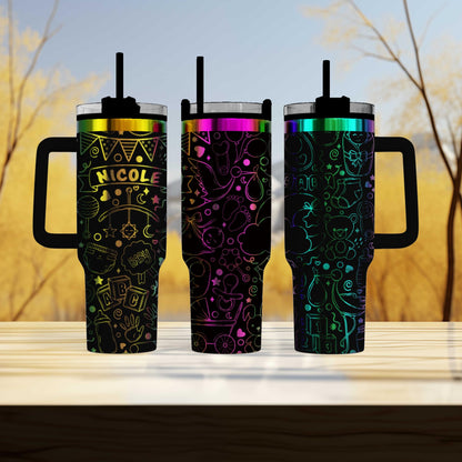 three travel mugs sitting on top of a wooden table
