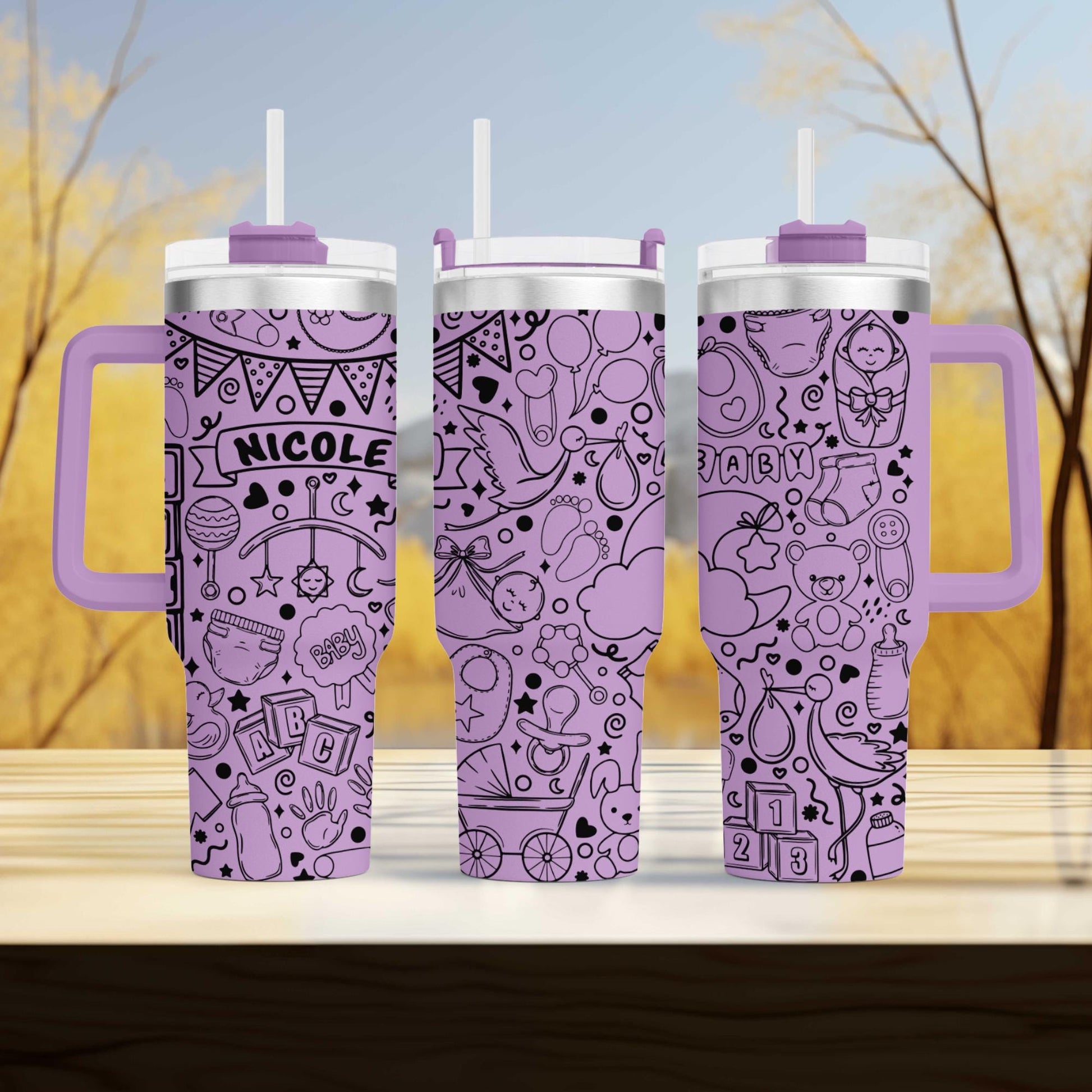 a couple of purple cups sitting on top of a wooden table