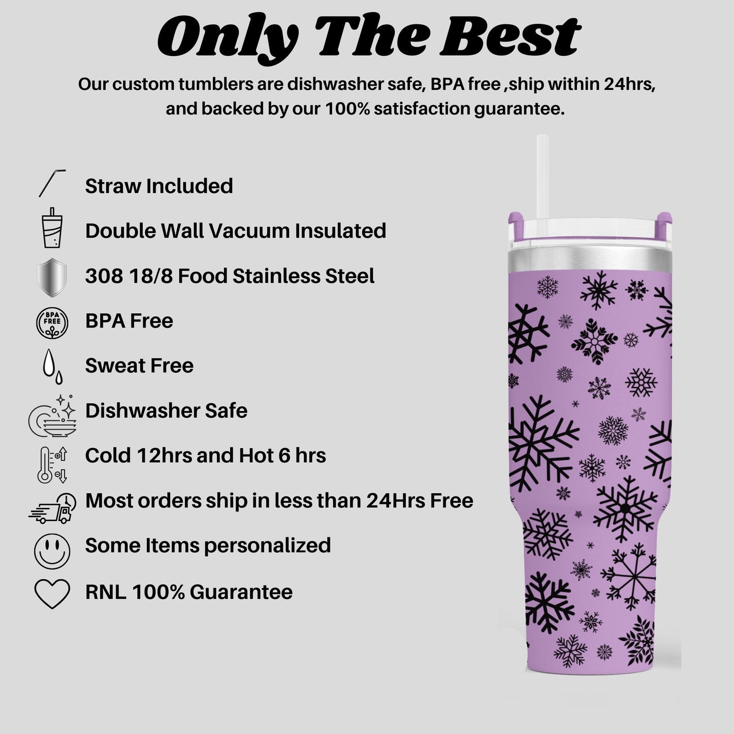 a purple tumbler cup with snowflakes on it