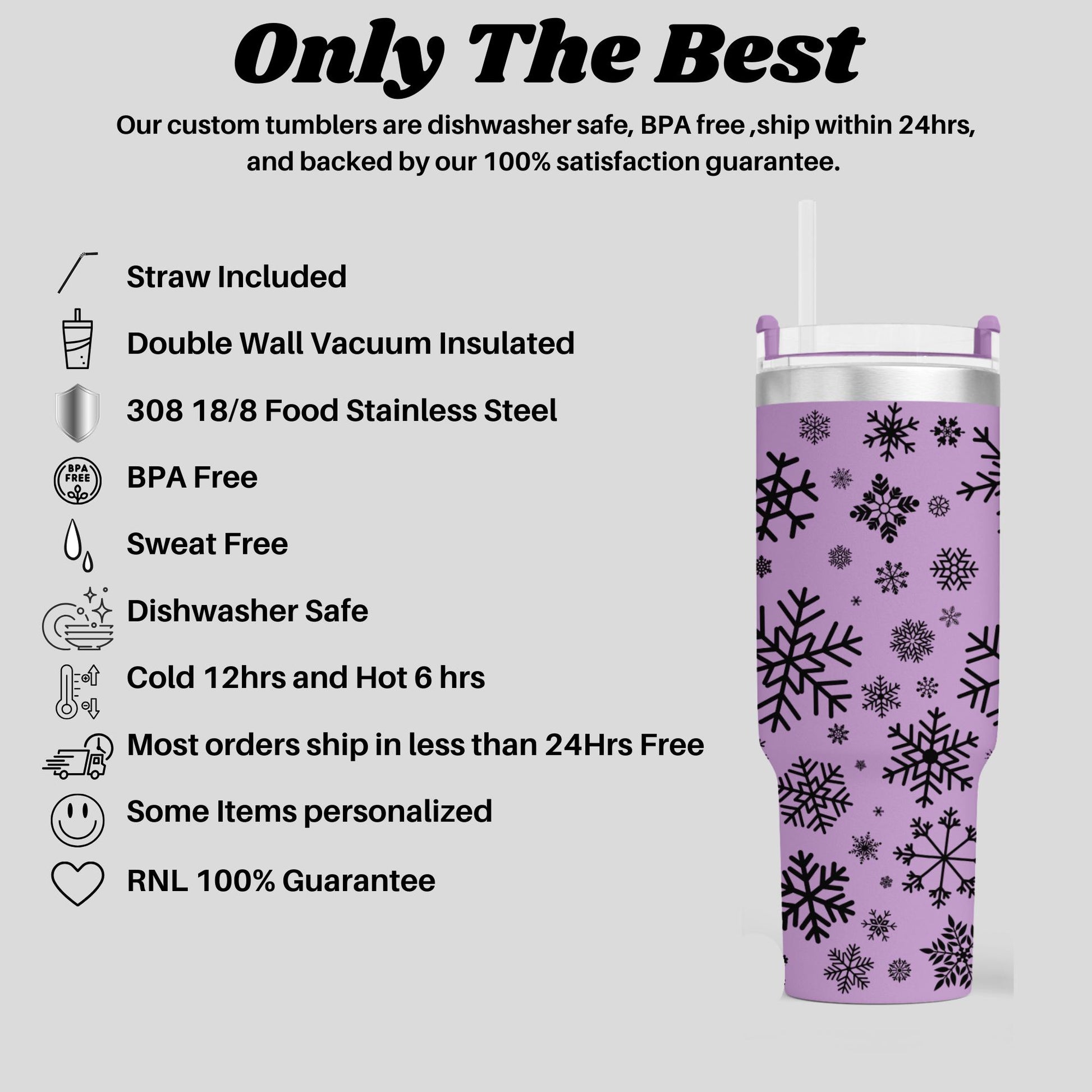 a purple tumbler cup with snowflakes on it