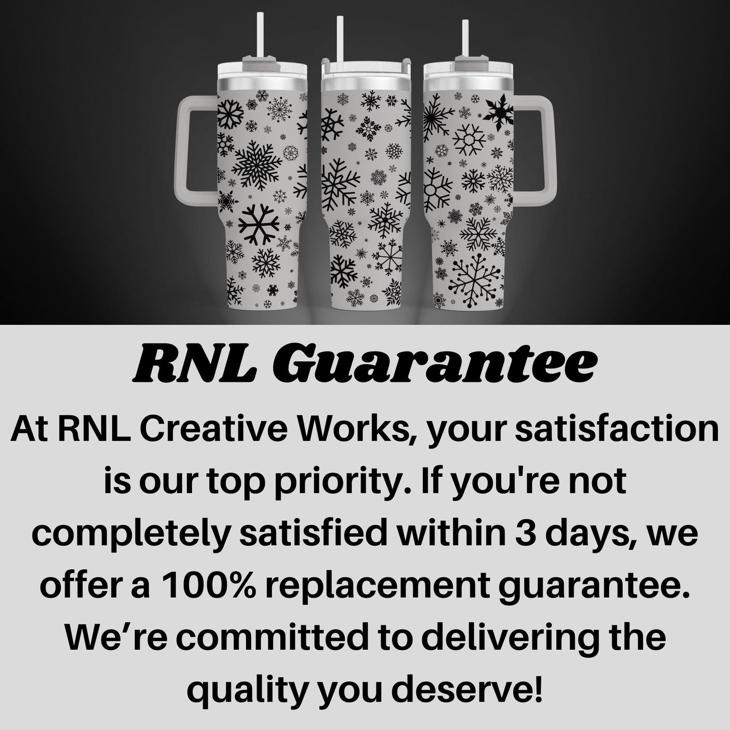 a black and white photo of two mugs with the caption rnl guarantee