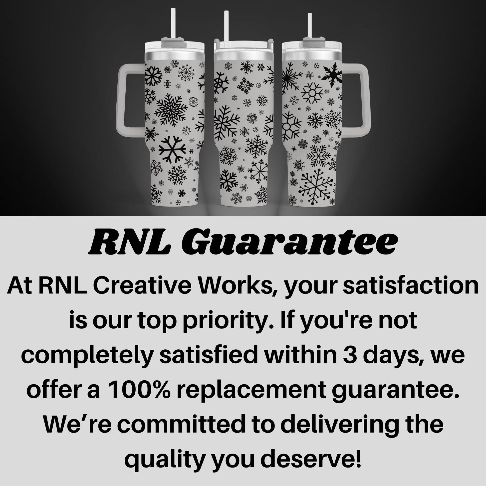 a black and white photo of two mugs with the caption rnl guarantee