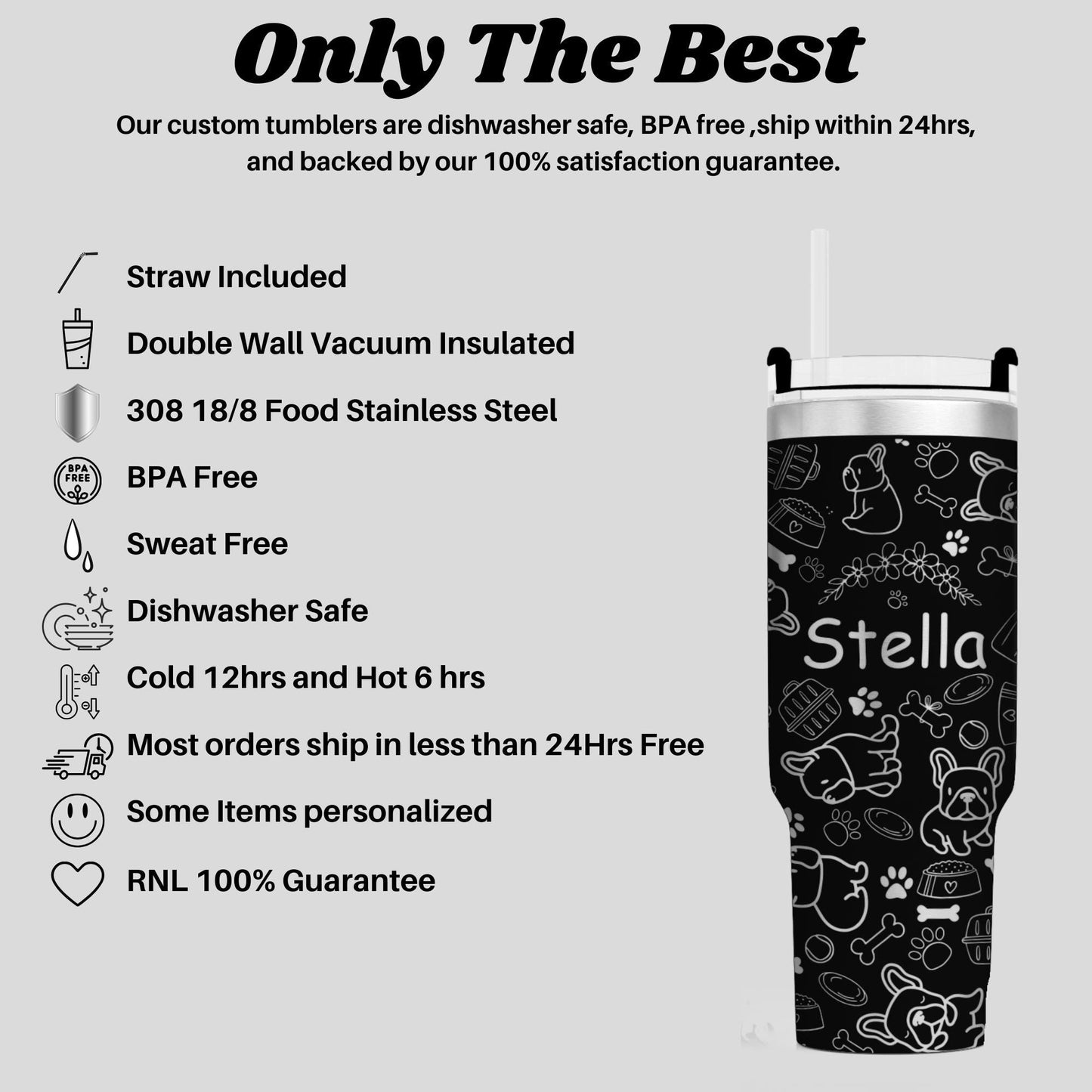 French Bulldog Personalized Tumbler - 40oz Cup with Custom Pup's Name - Laser Engraved Pet Lover Gift