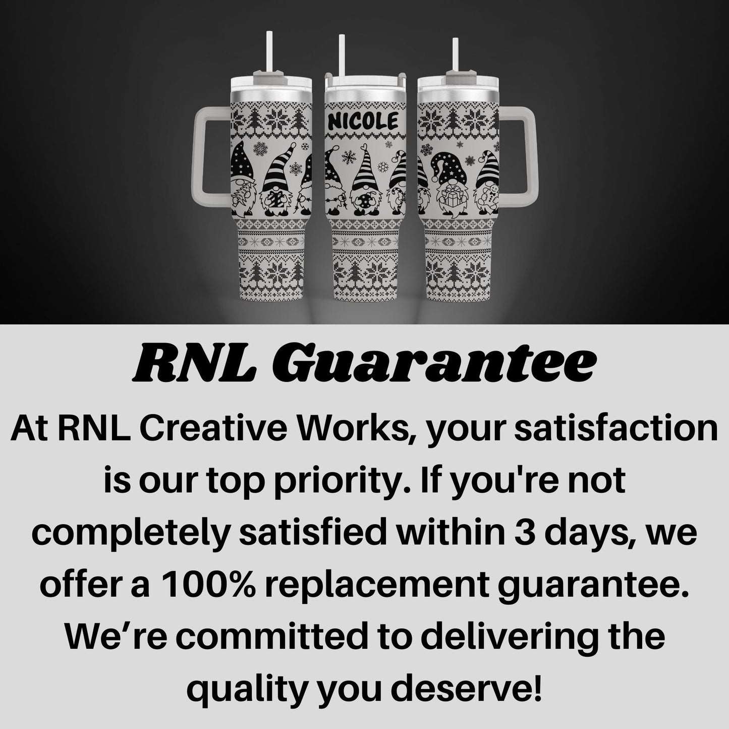 a black and white photo of two mugs with the words rni guaran