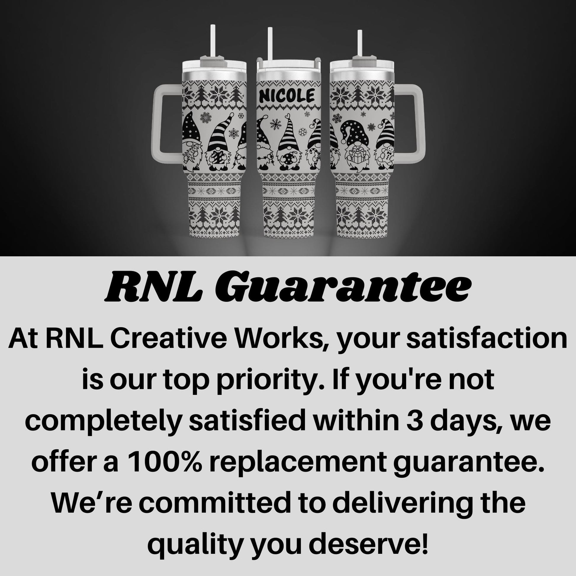 a black and white photo of two mugs with the words rni guaran
