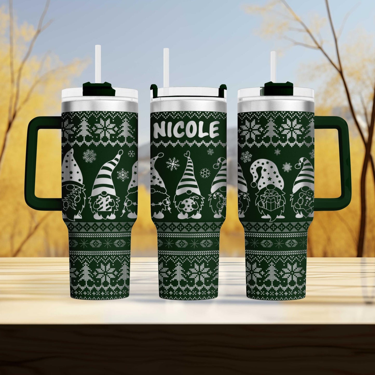 a couple of green mugs sitting on top of a wooden table