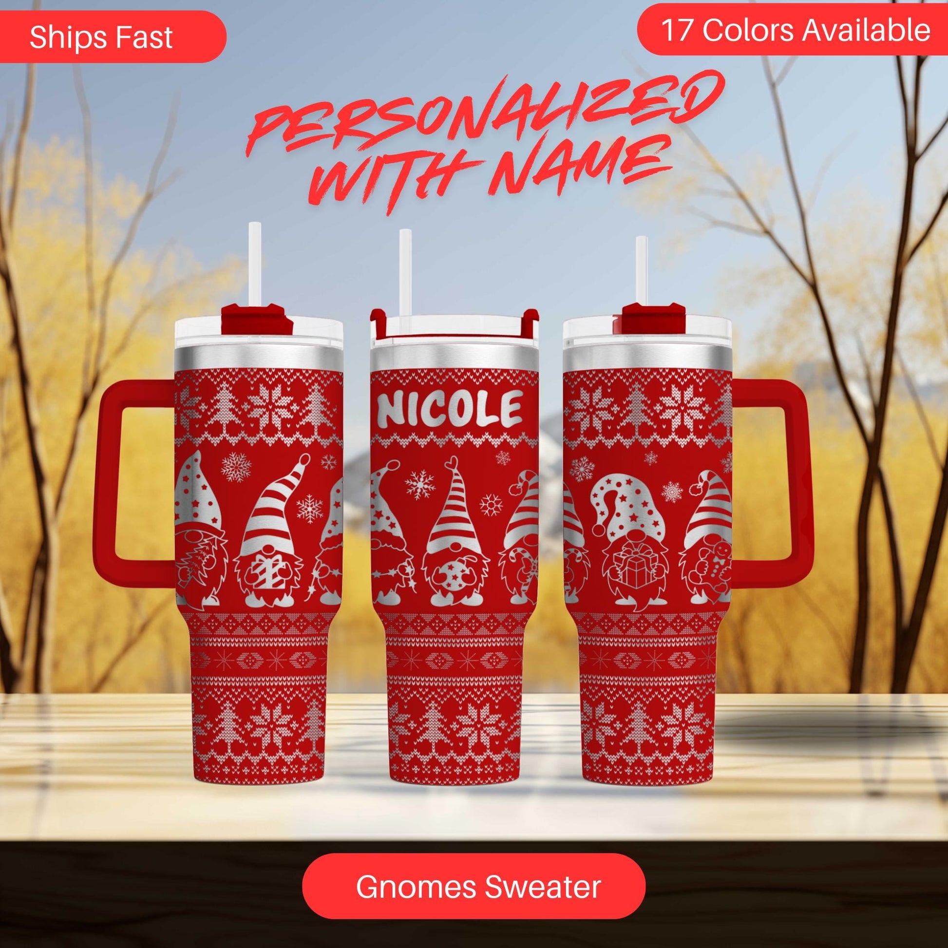 three red mugs with christmas sweater designs on them