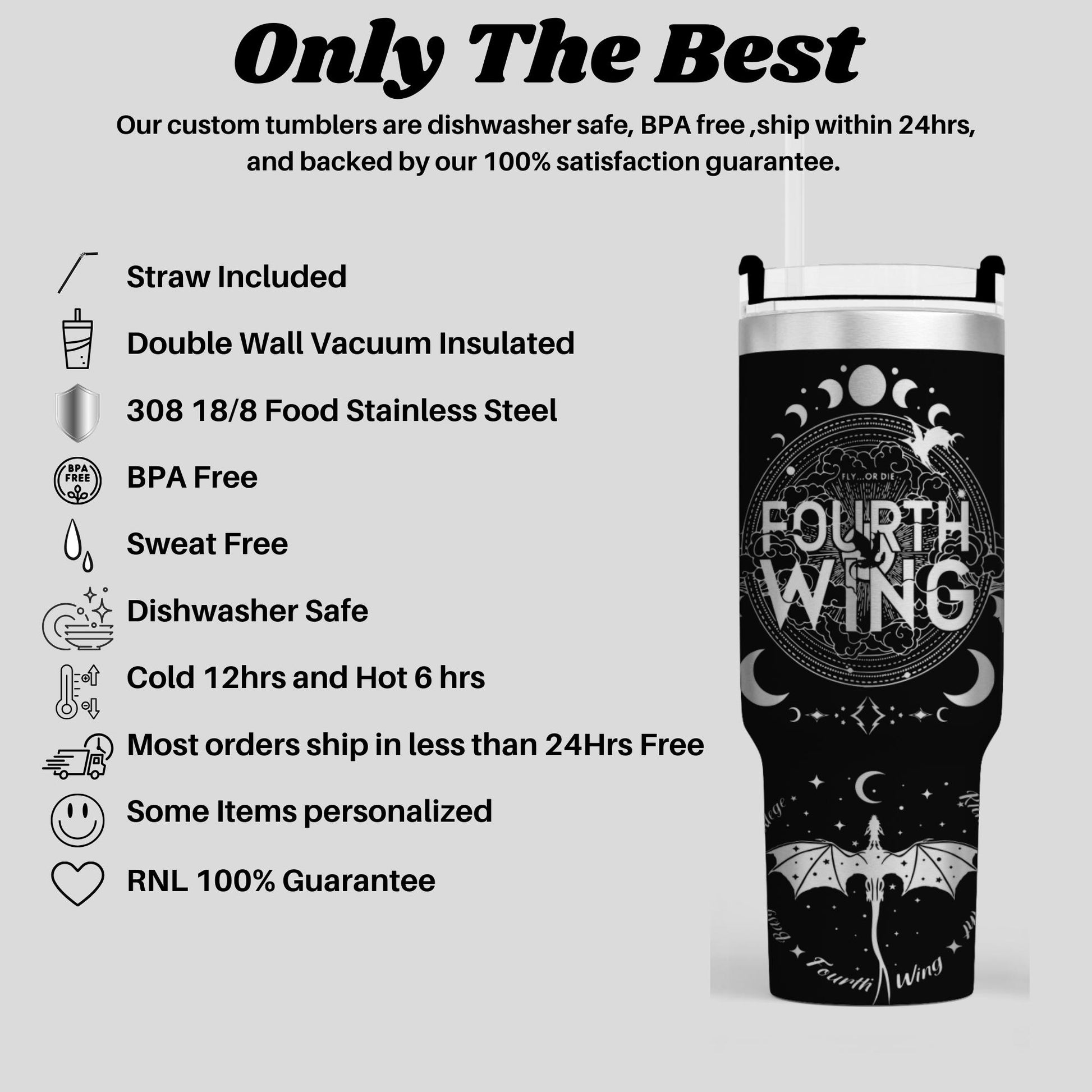 a black tumbler cup with the text, only the best