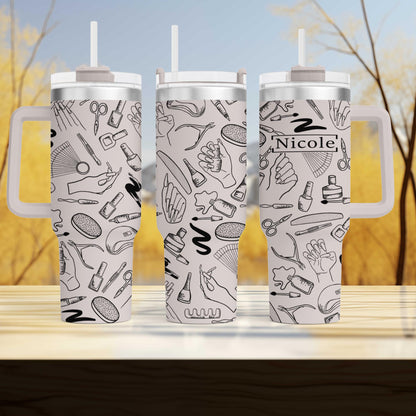 three travel mugs sitting on top of a wooden table