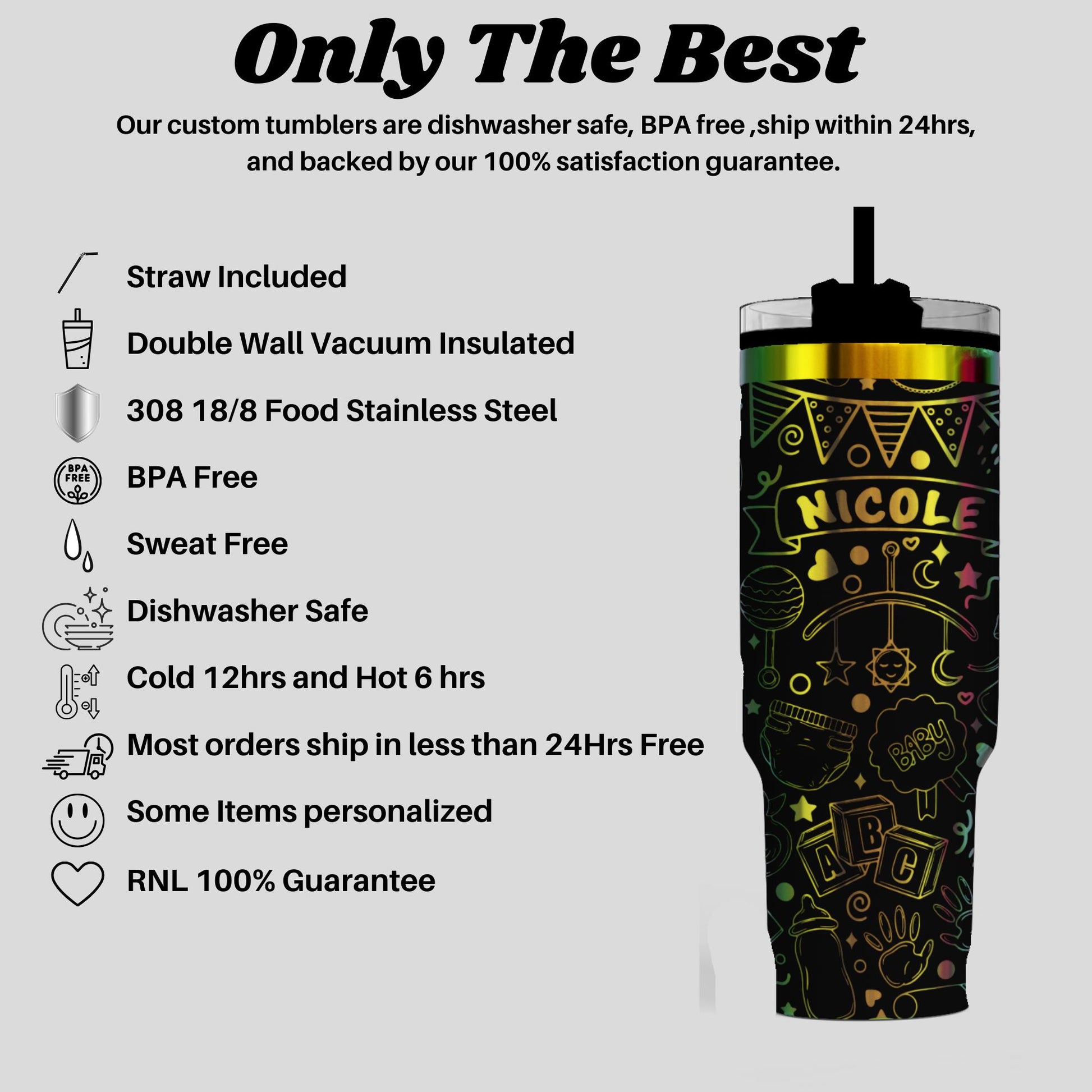 a black and gold tumbler cup with the words, only the best