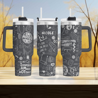 three travel mugs sitting on top of a wooden table