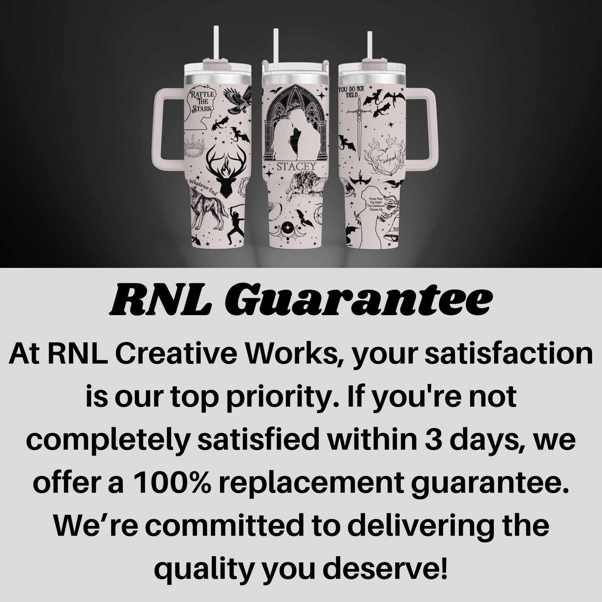 a black and white advertisement with three mugs