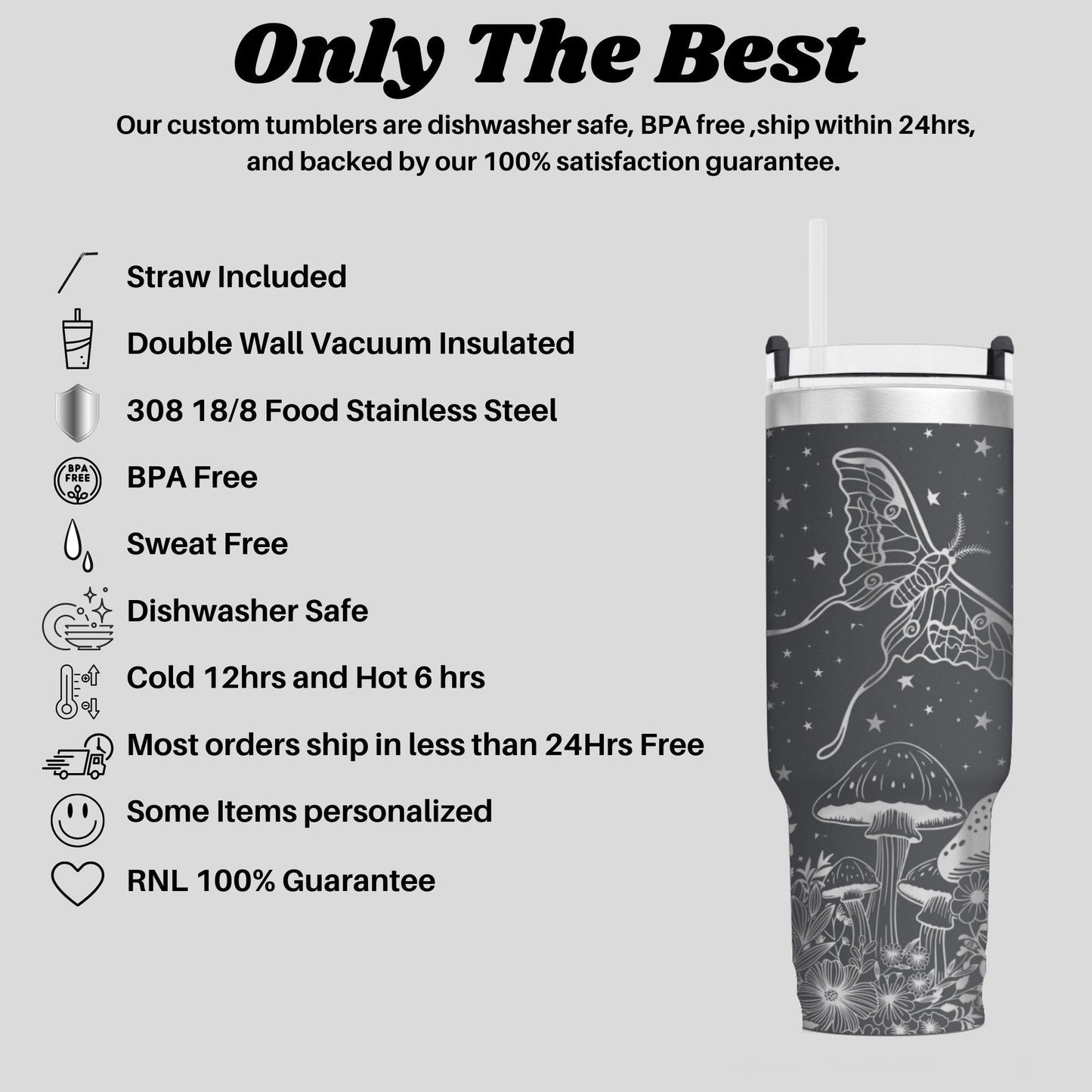 Moonlight Moths Tumbler - Engraved 40oz Enchanted Night Edition - Unique Gift for Nature Lovers & Outdoor Enthusiasts