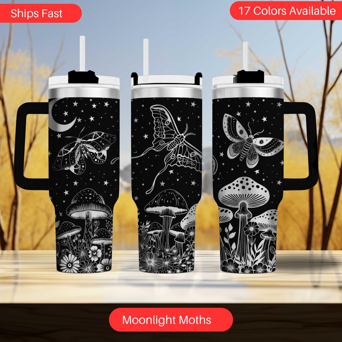Moonlight Moths Tumbler - Engraved 40oz Enchanted Night Edition - Unique Gift for Nature Lovers & Outdoor Enthusiasts