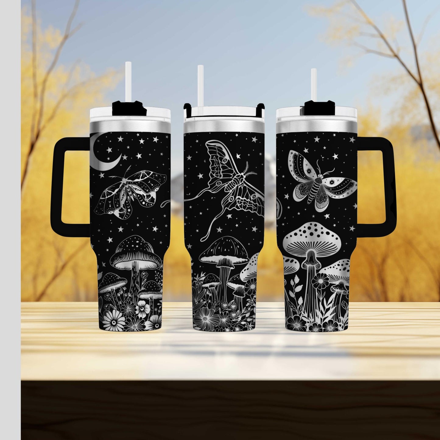 Moonlight Moths Tumbler - Engraved 40oz Enchanted Night Edition - Unique Gift for Nature Lovers & Outdoor Enthusiasts