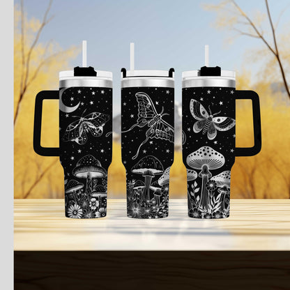 Moonlight Moths Tumbler - Engraved 40oz Enchanted Night Edition - Unique Gift for Nature Lovers & Outdoor Enthusiasts