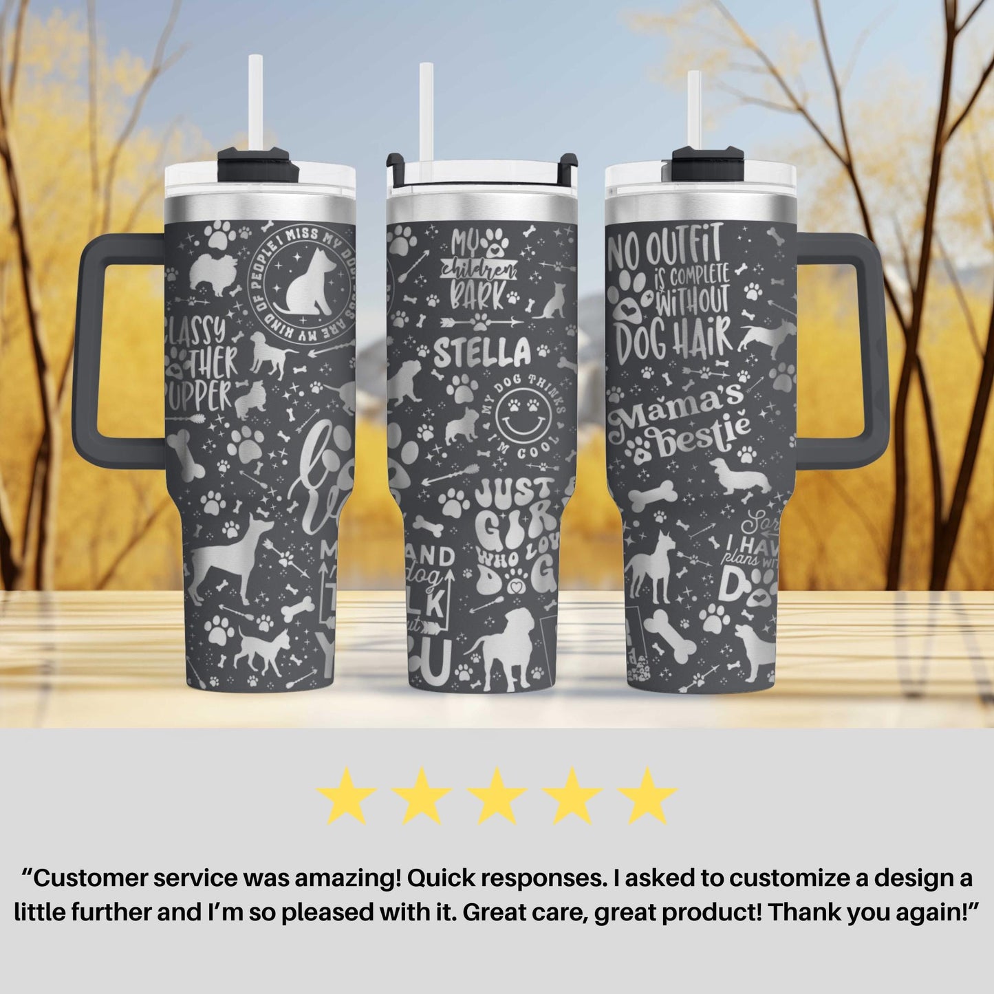 three travel mugs sitting on top of a table