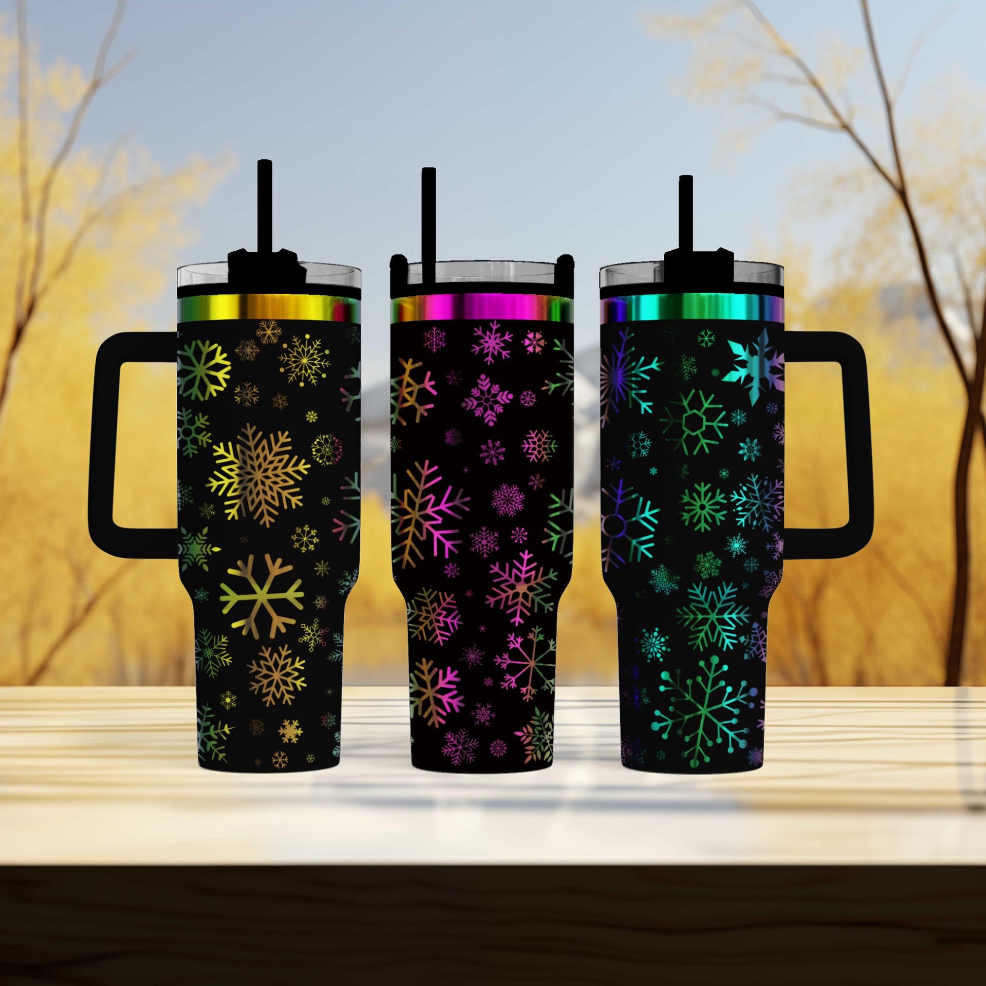 three travel mugs sitting on top of a wooden table