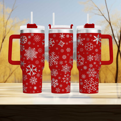 three red mugs with white snowflakes on them