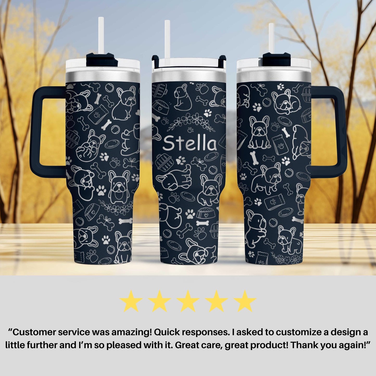 French Bulldog Personalized Tumbler - 40oz Cup with Custom Pup's Name - Laser Engraved Pet Lover Gift
