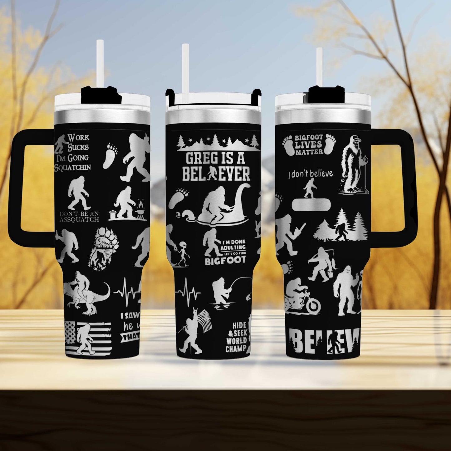 Bigfoot Sasquatch Engraved 40oz Tumbler with Funny Quote | Custom Insulated Travel Mug | Unique Sasquatch Lover Gift