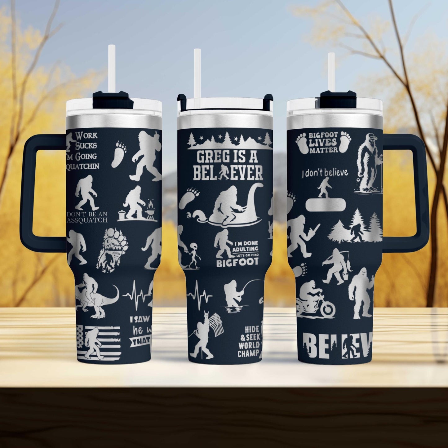 Bigfoot Sasquatch Engraved 40oz Tumbler with Funny Quote | Custom Insulated Travel Mug | Unique Sasquatch Lover Gift