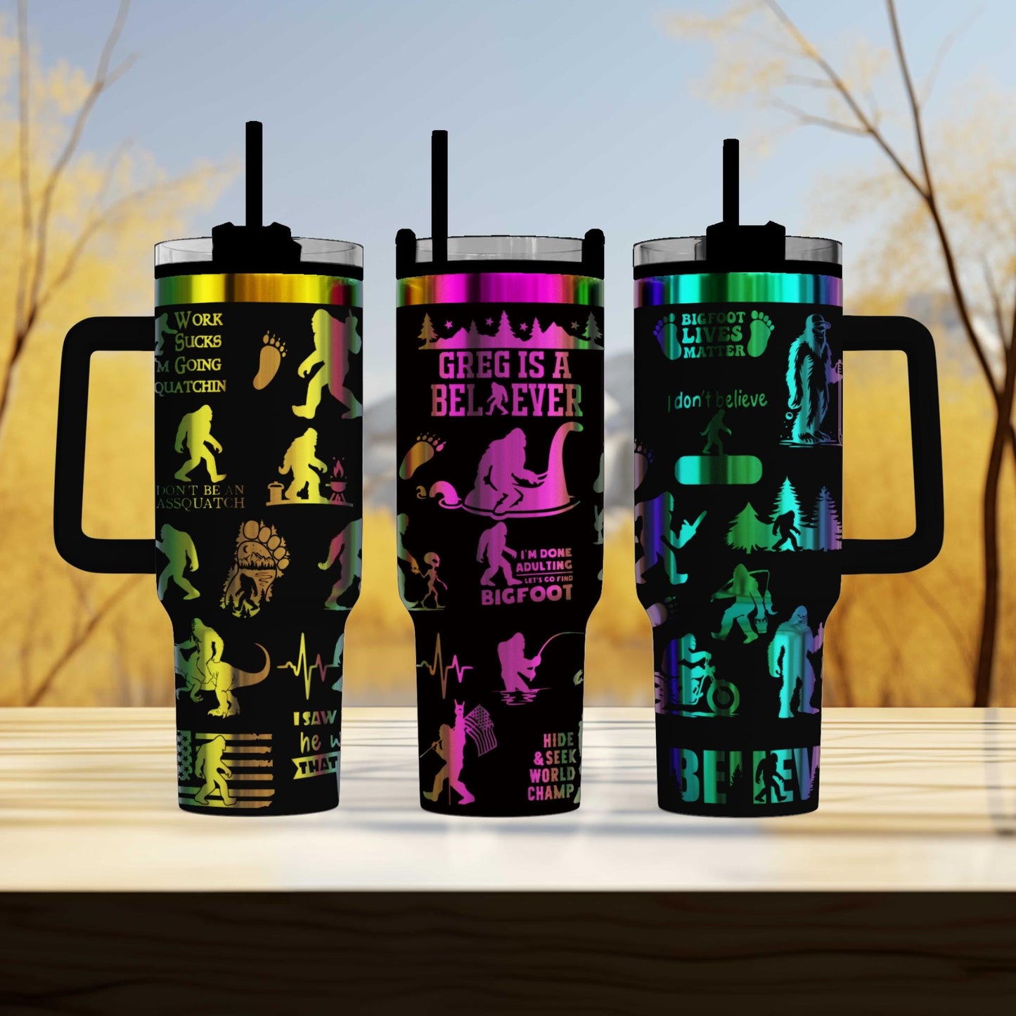 Bigfoot Sasquatch Engraved 40oz Tumbler with Funny Quote | Custom Insulated Travel Mug | Unique Sasquatch Lover Gift