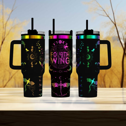 three travel mugs sitting next to each other on a table