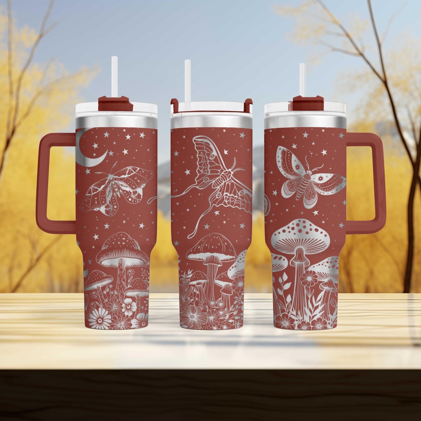 Moonlight Moths Tumbler - Engraved 40oz Enchanted Night Edition - Unique Gift for Nature Lovers & Outdoor Enthusiasts