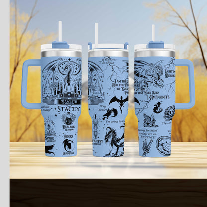 three travel mugs sitting on top of a wooden table