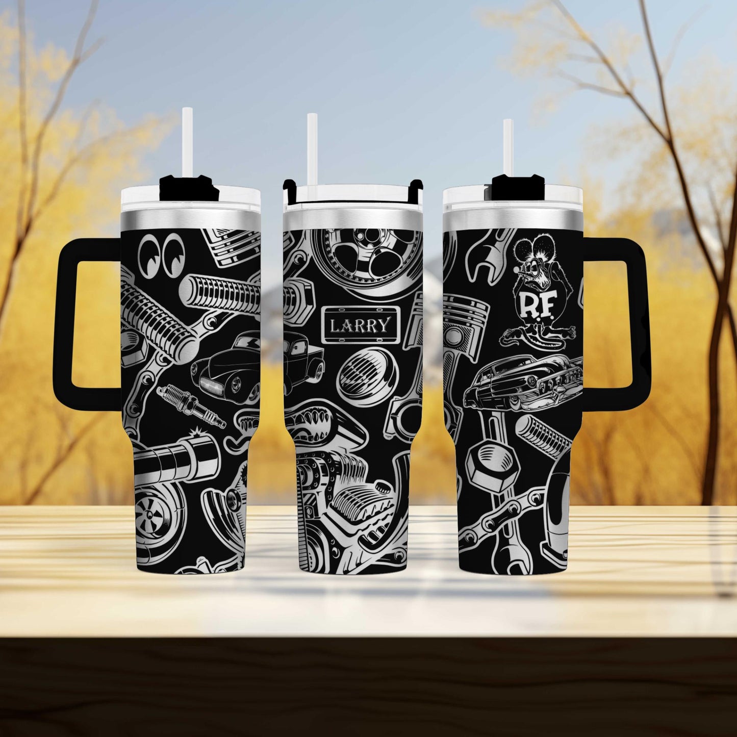 a couple of cups sitting on top of a wooden table