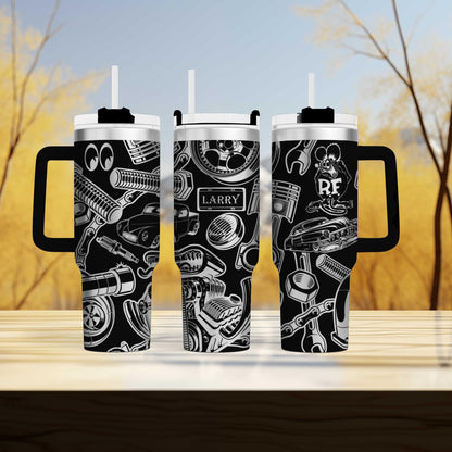 a couple of cups sitting on top of a wooden table