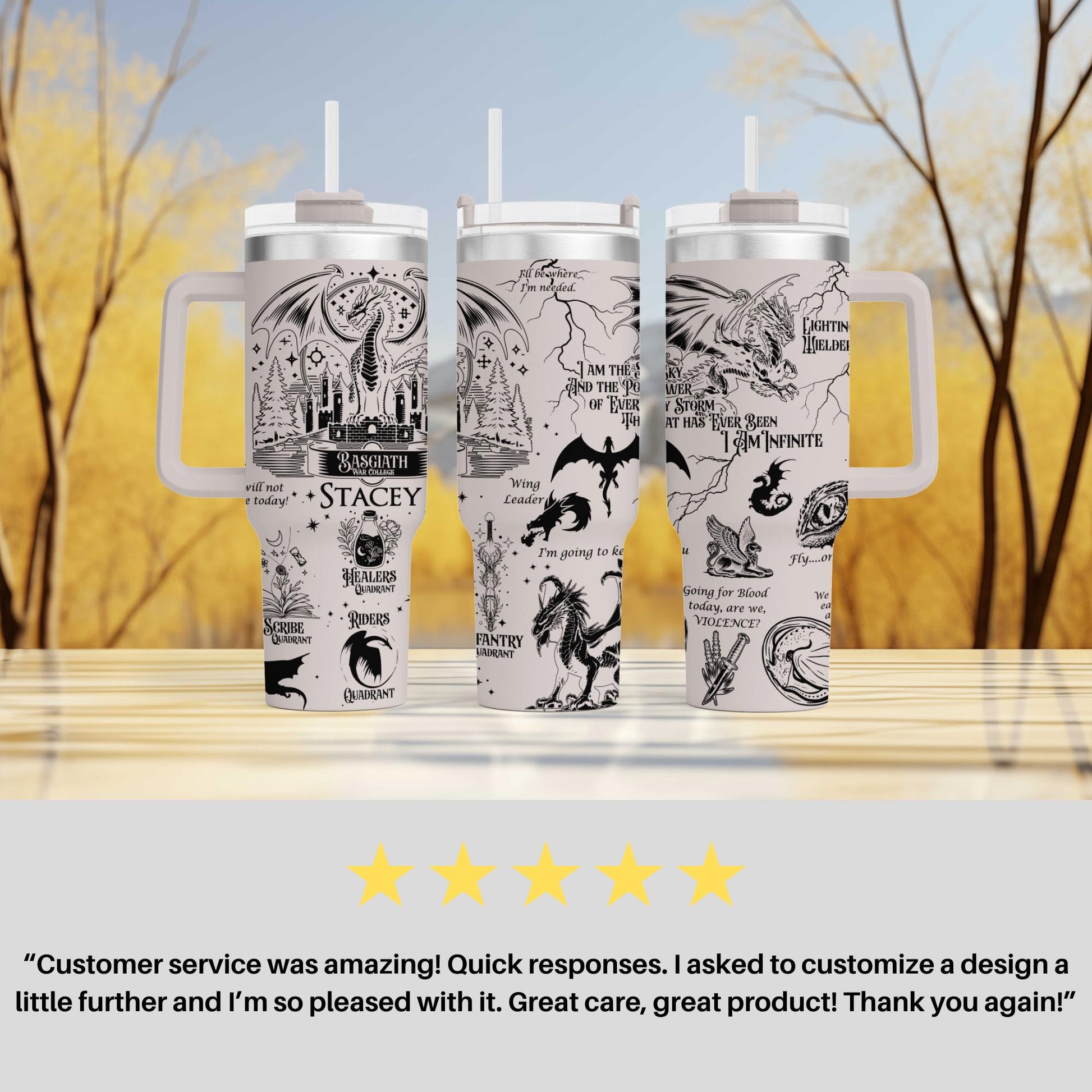 a group of three travel mugs sitting on top of a table