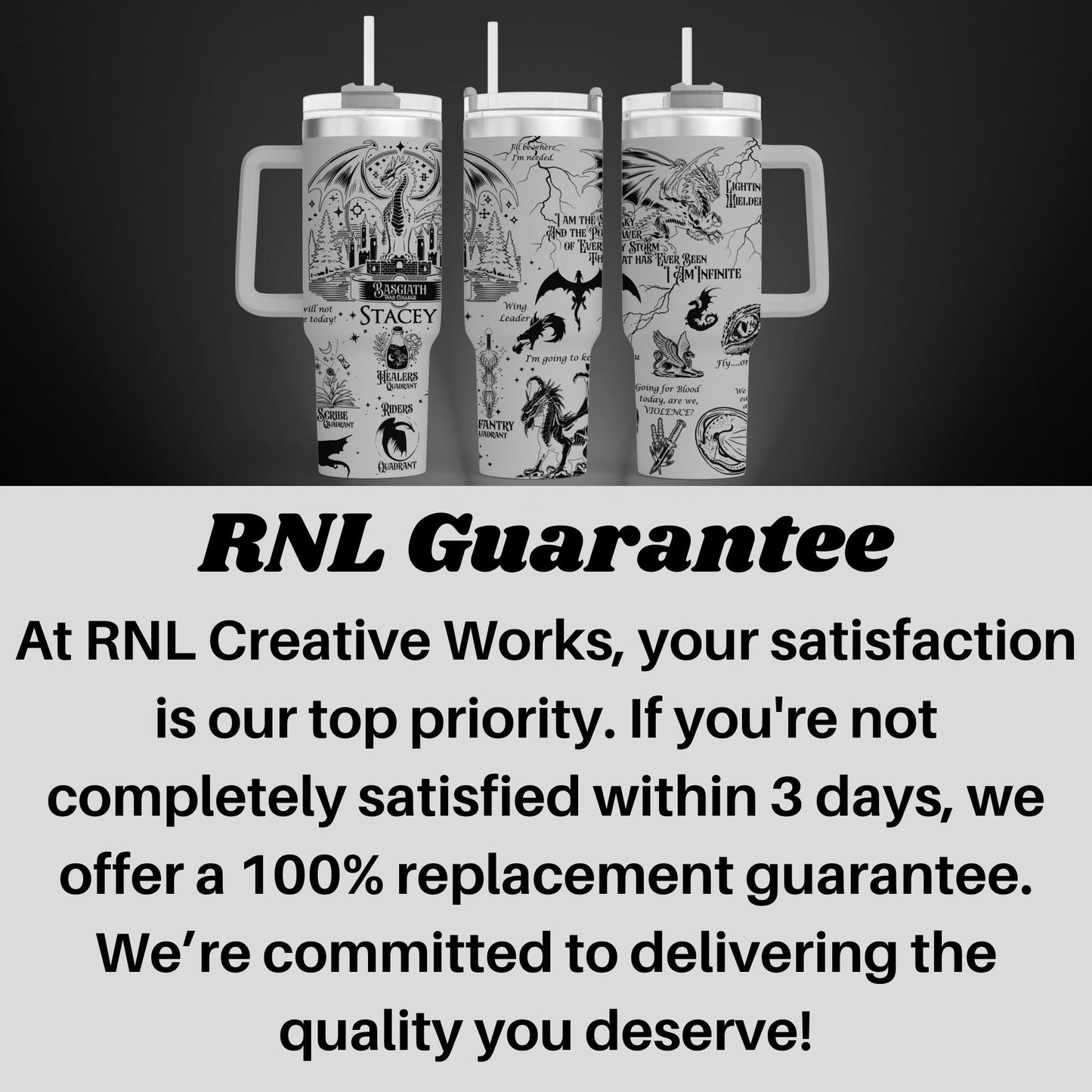 a black and white photo with a caption that says rnl guarantee