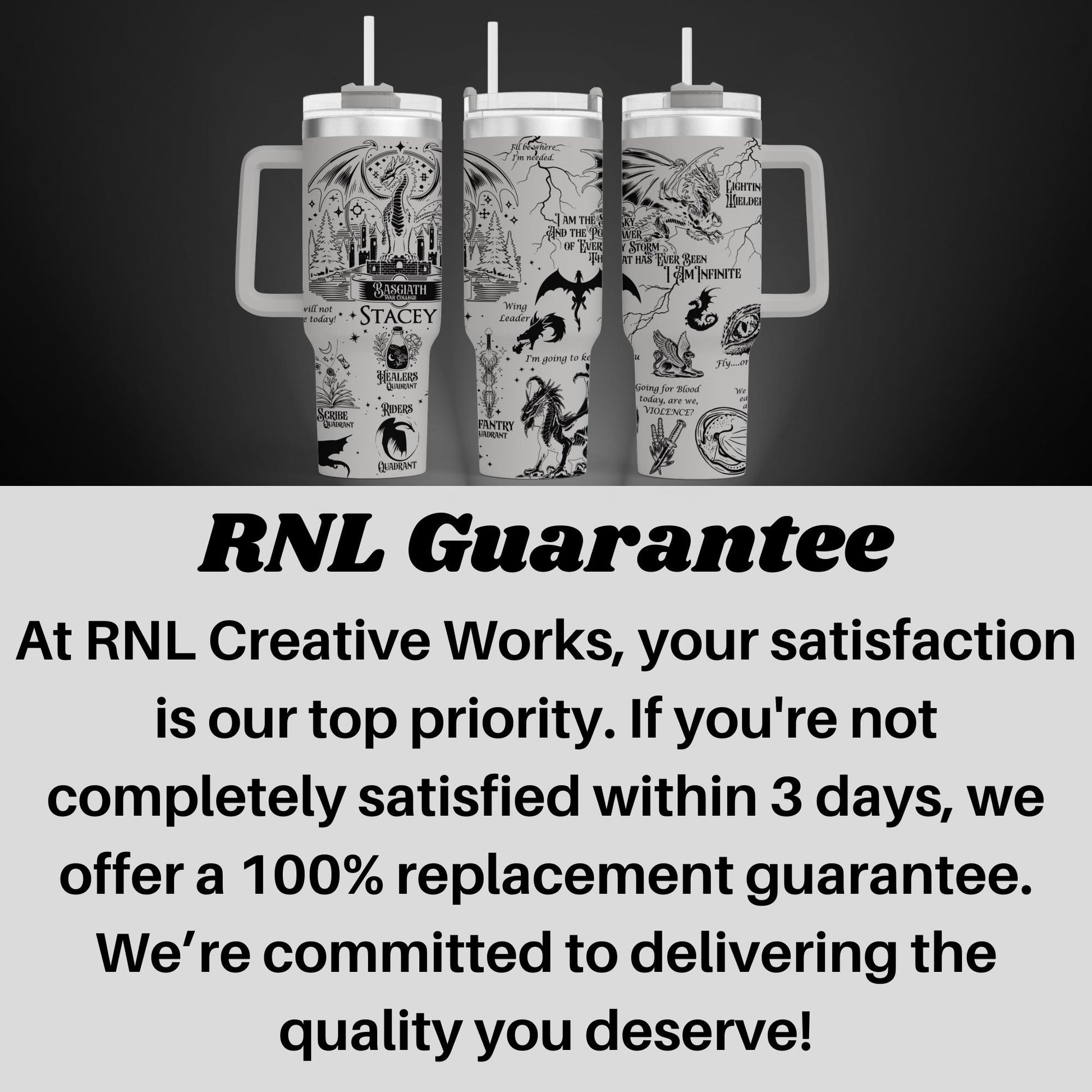 a black and white photo with a caption that says rnl guarantee