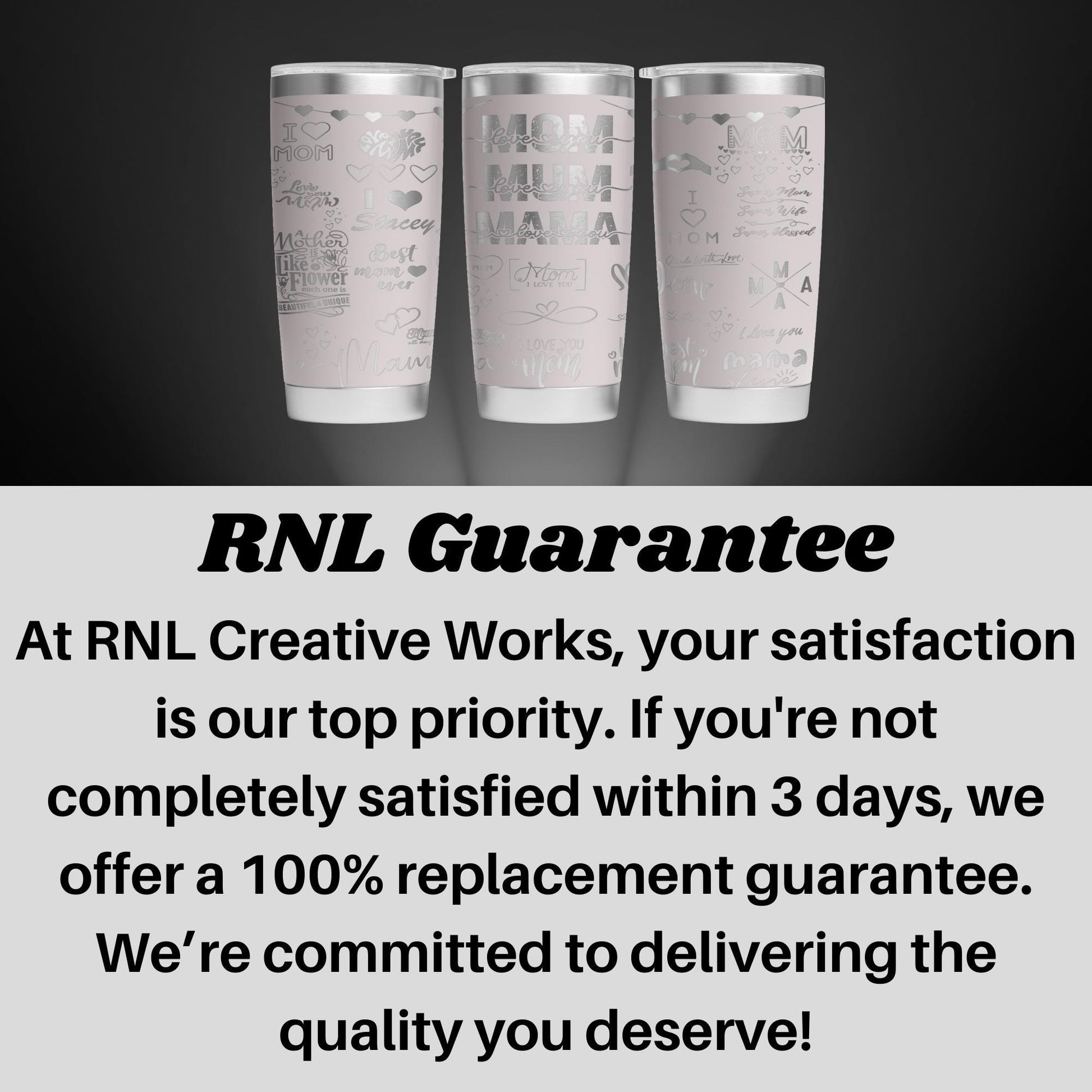 three white cups with black writing on them