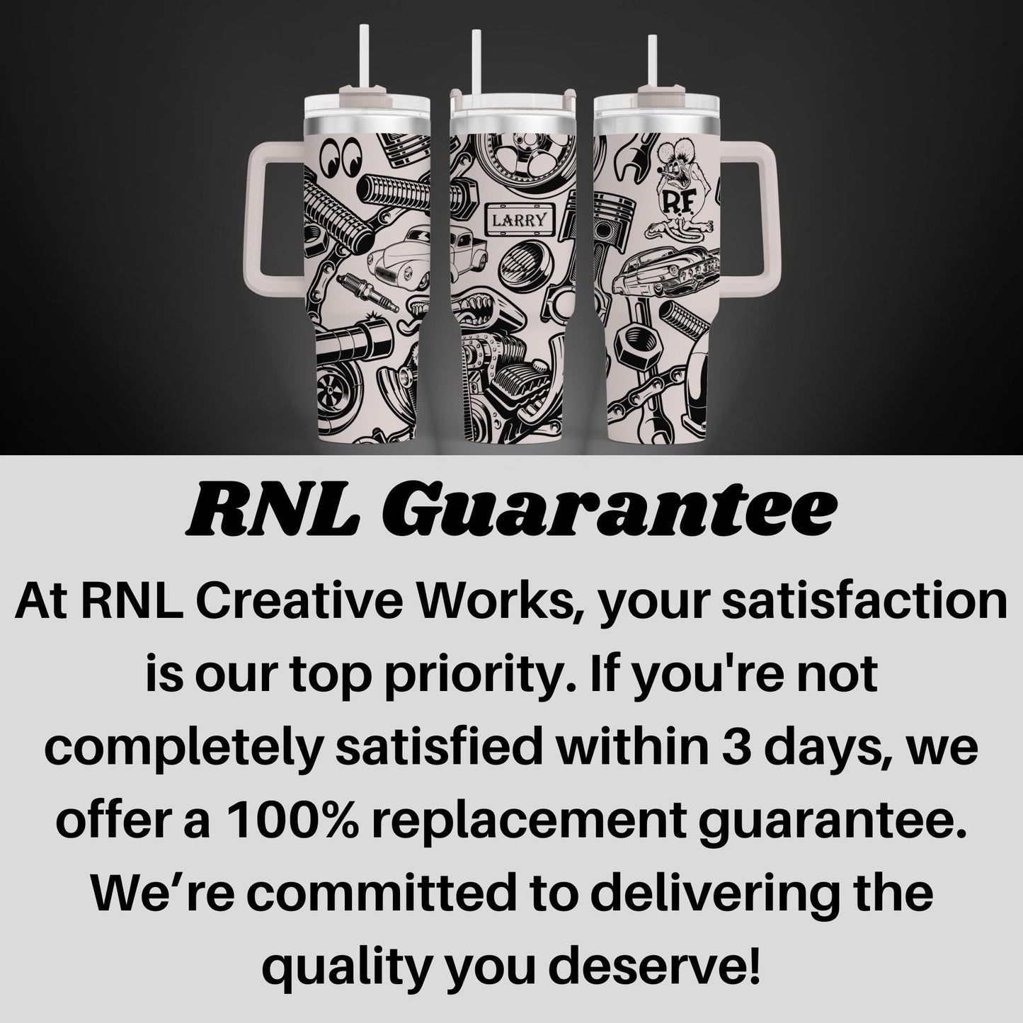 a black and white photo with a caption that says rnl guarantee