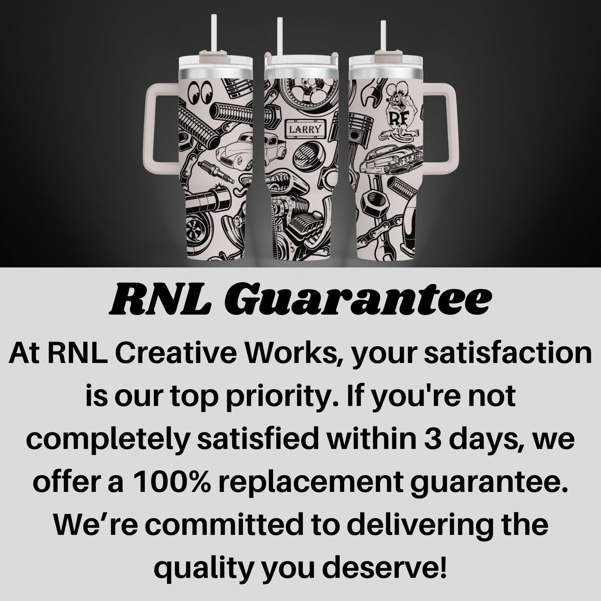 a black and white photo with a caption that says rnl guarantee