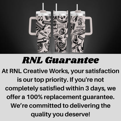 a black and white photo with a caption that says rnl guarantee