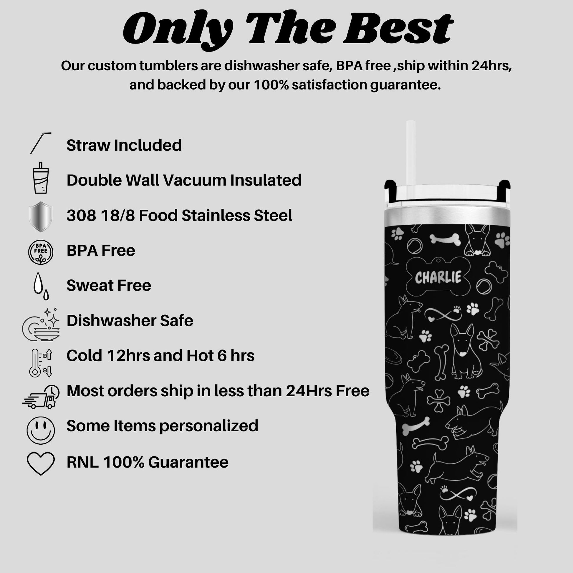 a black and white image of a cup with the words, only the best