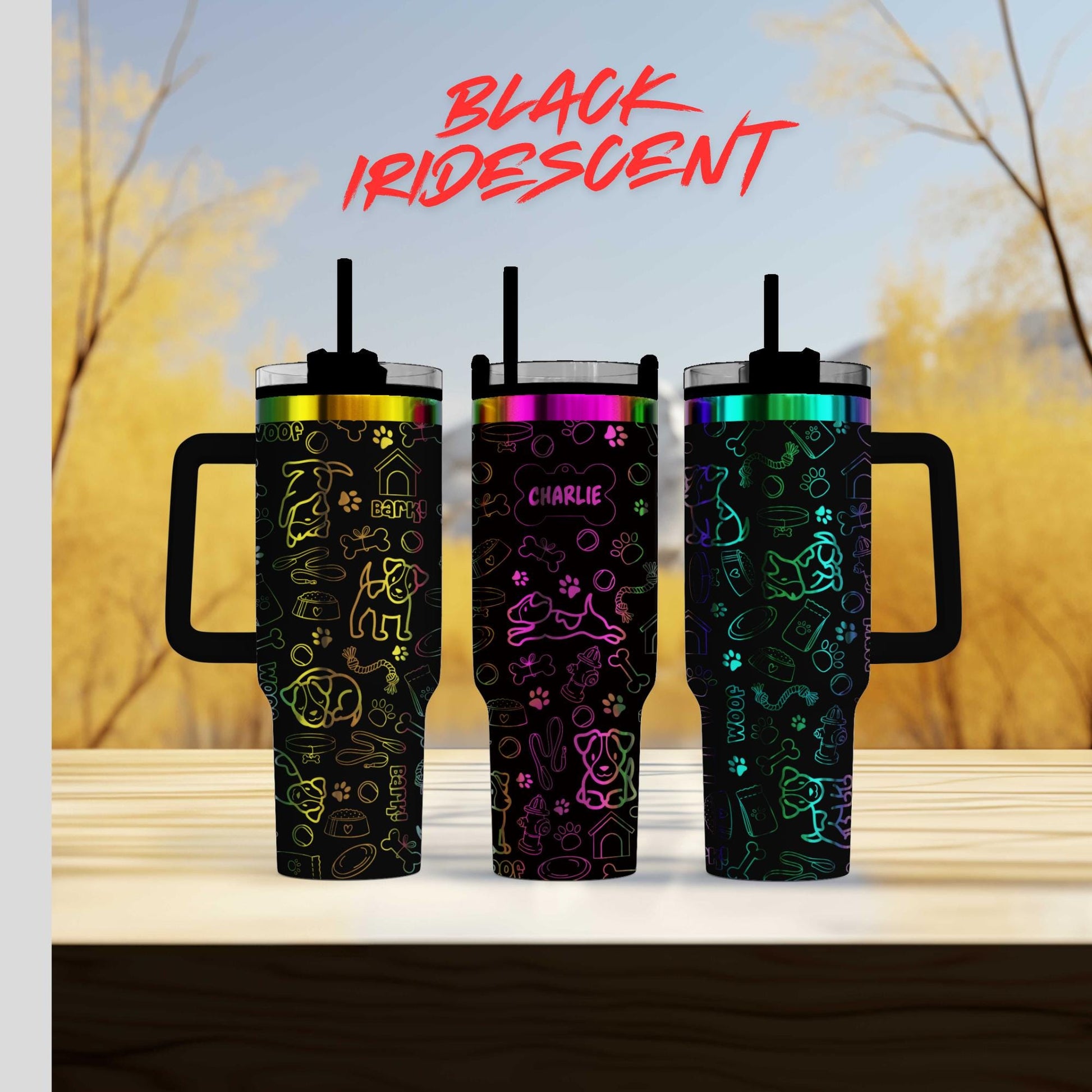 three different colored tumblers sitting next to each other