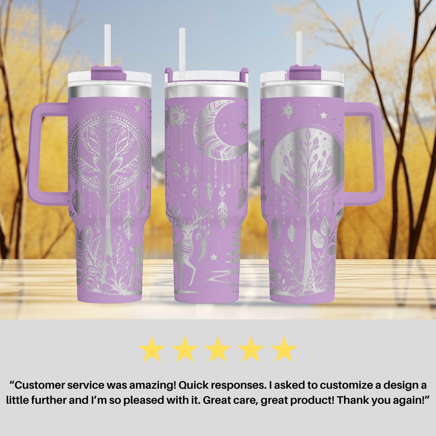 three travel mugs sitting on top of a table