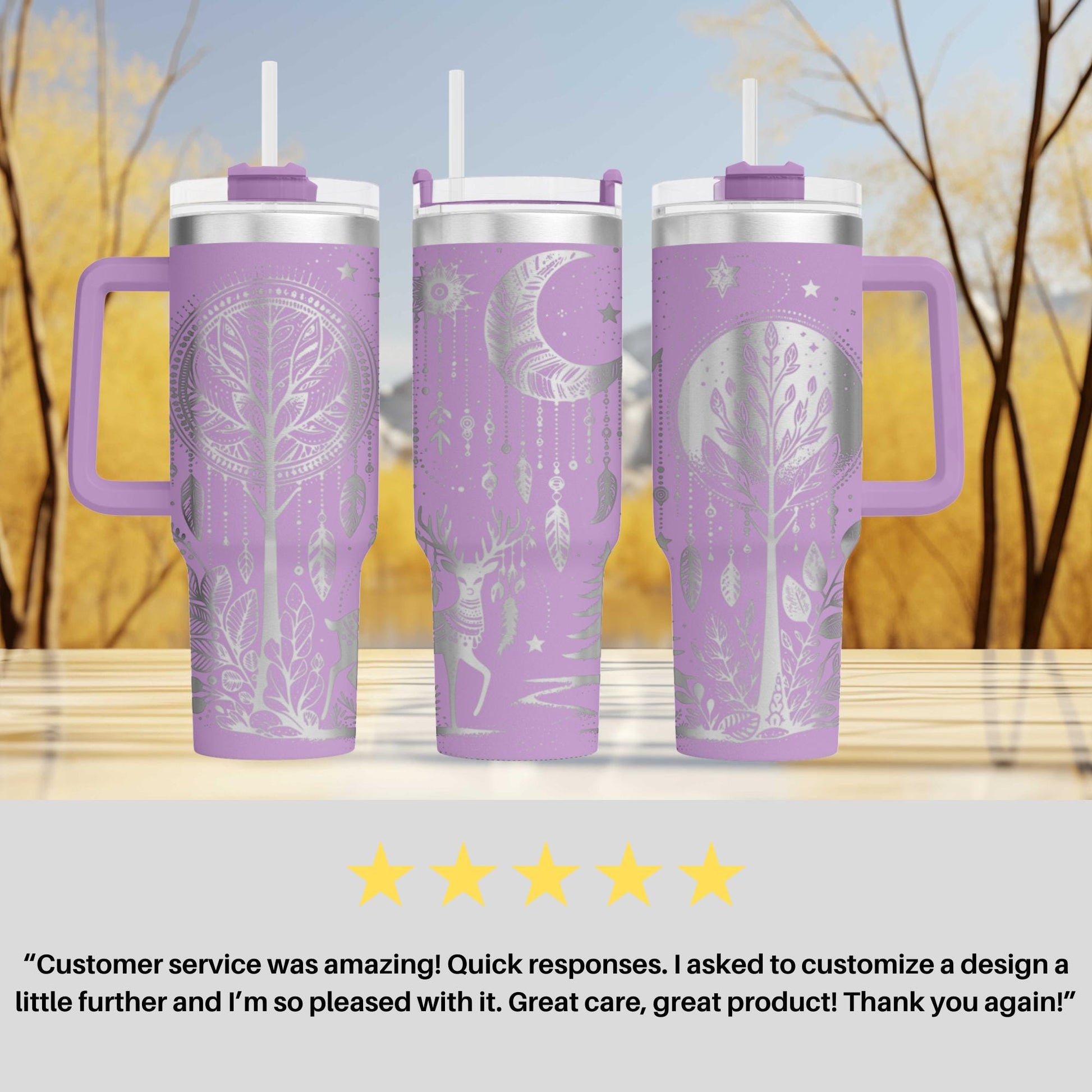 three travel mugs sitting on top of a table