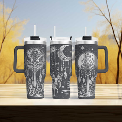 three travel mugs sitting on top of a wooden table