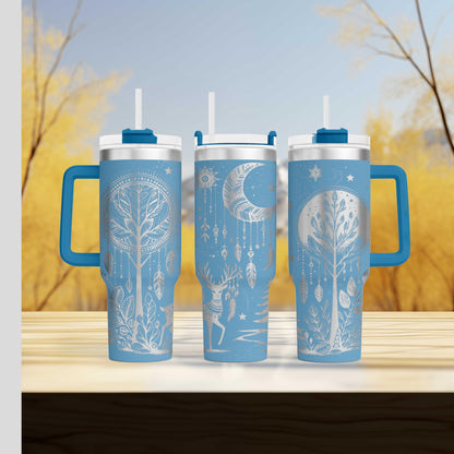 a couple of blue cups sitting on top of a wooden table